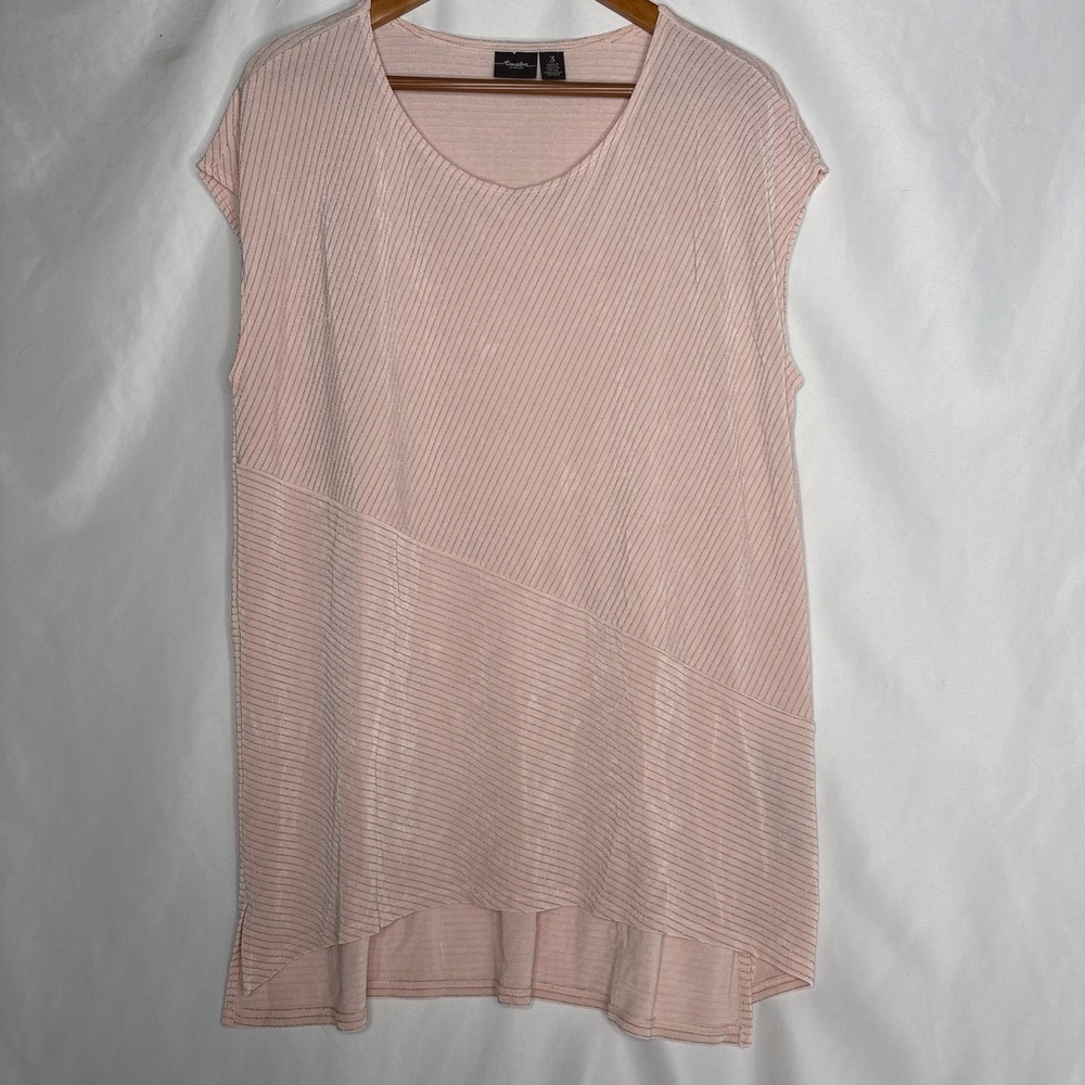 Chicos Womens 3 (16) Travelers Sleeveless Tunic Pink Metallic Striped Hi-Low Top